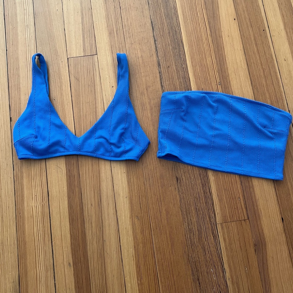 Aerie bikini tops in crinkle material, cobalt blue